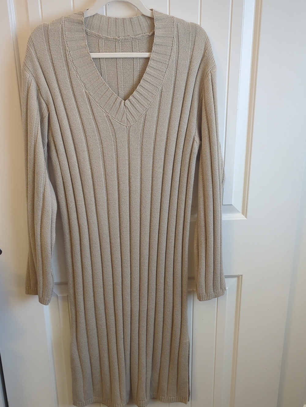 Long Sleeve Ribbed V-Neck Knit Dress in Light Beige